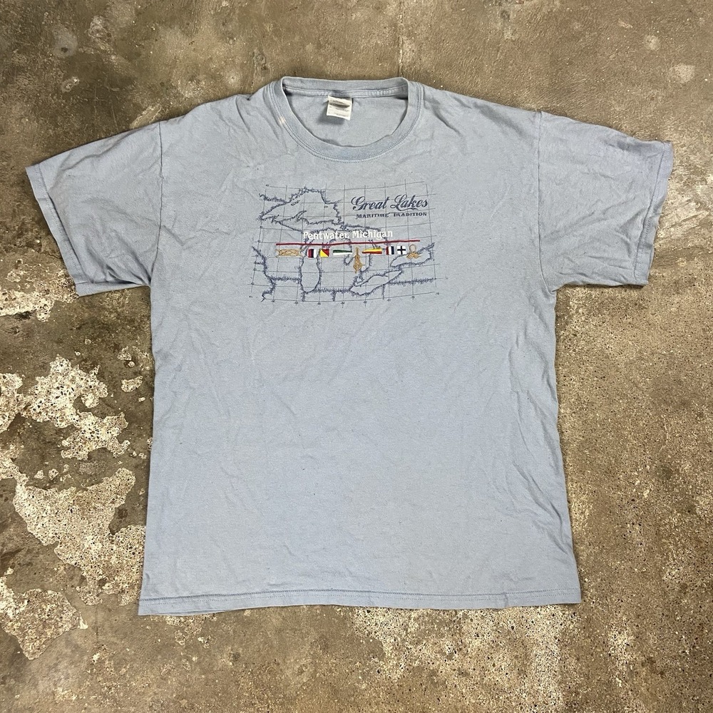 Vintage Pentwater Michigan T-Shirt Size Large Blue Great Lakes Maritime Graphic